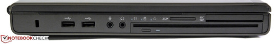 Izquierda: Kensington, 2x USB 3.0, audio, unidad óptica extraíble, lector de tajretas, lector de SmartCard, ExpressCard 54/34