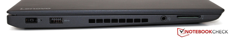 Izquierda: corriente, USB 3.0, salida de ventilación, puerto headset, lector de tarjetas