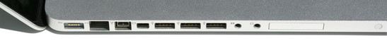 Enchufe de poder MagSafe, gigabit LAN, FireWire 800, Mini DisplayPort, 3 USB 2.0s, entrada óptica / análoga (no hay micrófono!) salida óptica / análoga.
