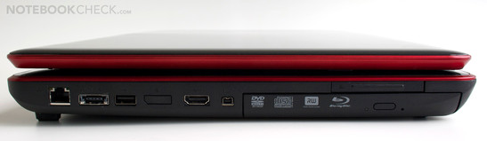 Izquierda: LAN Gigabit RJ-45, combo eSATA/USB 2.0, USB 2.0, HDMI, Firewire, ExpressCard