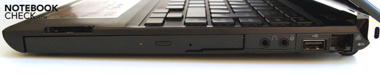 Derecha: Unidad Optica, MultiCardreader, microfono, audifonos, USB 2.0, LAN (RJ-45), Seguridad Slot Kensington (hinge)