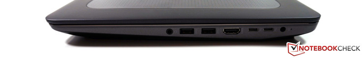 Derecha: lector SmartCard, clavija 3.5 mm audio, 2x USB 3.0, HDMI, 2x Thunderbolt 3, encendido