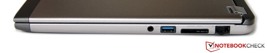 Derecha: Auriculares/micrófono, USB 3.0. lector de tarjetas, GBit LAN