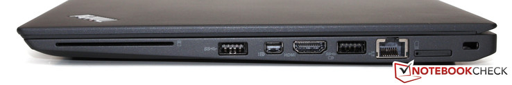 Derecha: lector SmartCard, USB 3.0, Mini-DisplayPort, HDMI, USB 3.0, Gbit-LAN, ranura SIM, bloqueo Kensington