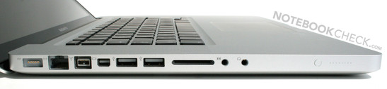 Mag Safe, Gigabit LAN, FireWire 800, Mini DisplayPort, 2x USB 2.0, compartimiento de tarjetas SD, línea de entrada y de salida (óptica y análoga), LEDs de estado da batería