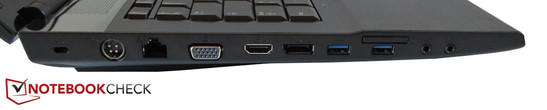 Izquierda: bloqueo Kensington, alimentación, RJ45, Gigabit LAN, VGA, HDMI, display port, 2 USB 3.0s, lector de tarjetas 7en1, micrófono, auriculares
