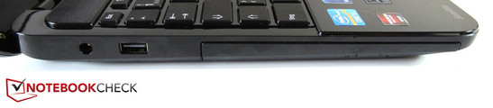 Lado izquierdo: Entrada de corriente, USB 2.0, unidad óptica