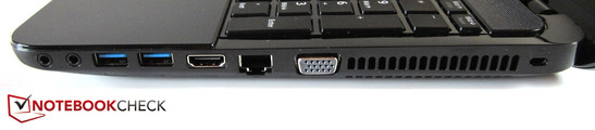 Lado derecho: Auriculares, Micrófono, 2x USB 3.0, HDMI, RJ-45 Gigabit LAN, VGA, Bloqueo Kensington