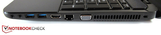 Lado derecho: Auriculares, Micrófono, 2x USB 3.0, HDMI, RJ-45 Gigabit LAN, VGA, Bloqueo Kensington Lado derecho: Auriculares, Micrófono, 2x USB 3.0, HDMI, RJ-45 Gigabit LAN, VGA, Bloqueo Kensington