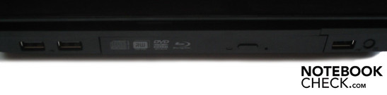 Derecha: 2x USB 2.0, Unidad combo BluRay, USB 2.0, Cierre Kensington.