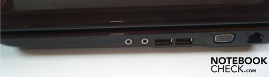 Derecho: dos conectores de sonido (salida para auriculares, entrada de micrófono), dos puertos USB 2.0, puerto VGA, Gigabit Lan y conector de poder