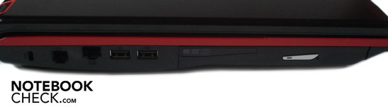 Lado Izquierdo: Seguro Kensington, modem RJ-11, LAN RJ-45, 2x USB 2.0, quemador de DVD