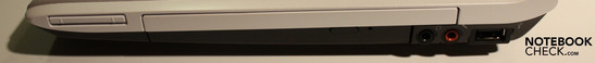 Lado Derecho: ExpressCard 34mm, quemador de DVD, salida para audífonos, entrada para micrófono, USB 2.0