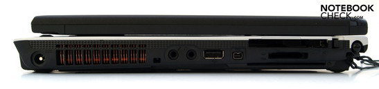 Lado izquierdo: Entrada DC, sujeción para la cuerda del stylus, micrófono, audífonos, USB-2.0, FireWire, ExpressCard, lector de tarjeta 5-en-1, lector SmartCard, compartimiento para stylus.