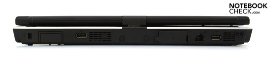 Lado posterior: Compartimiento para Seguro Kensington, Compartimiento SIM, USB-2.0, VGA, RJ45 (LAN), USB-2.0