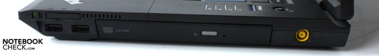 Lado Derecho: Lector de tarjetas, 2x USB 2.0, quemador de DVD, conector de corriente
