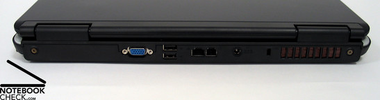Lado Posterior: Salida VGA, 2x USB 2.0, LAN, Modem, Conector de Poder, Seguro Kensington, Ventilador