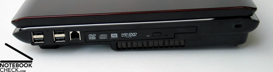 Derecha: 4xUSB, modem, unidad HD DVD, ventilador, cierre Kensington.