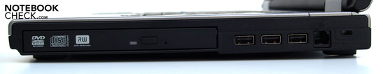 Derecha: Unidad óptica, 3x USB-2.0, RJ-11 (modem), Cierre Kensington