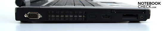 Izquierda: Conector serie, ventilador, interruptor Wifi, eSATA/USB, lector de tarjetas PC-Card (tipo II), lector de tarjetas 5-en-1, FireWire