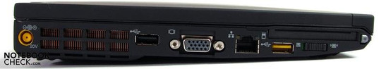 Izquierda: Conector de corriente, USB 2.0, VGA, LAN, USB 2.0, ExpressCard/54, interruptor principal Wi-Fi