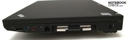 Derecha: USB 2.0, auriculares, micrófono, disco duro (cubierta quitada), Kensington