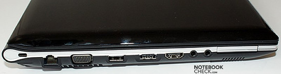 Lado Izquierdo: seguro Kensington, LAN, VGA, USB, USB/eSATA, HDMI, puertos de audio, ExpressCard/34