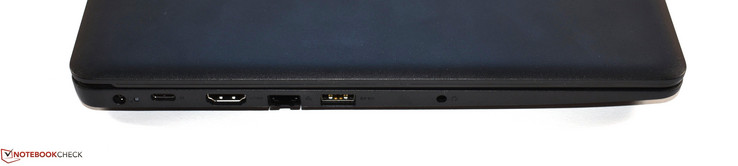 Lado izquierdo: Conector de alimentación, USB 3.1 Tipo C Gen 1, HDMI, RJ45 Ethernet, USB 3.0 Tipo A, toma de 3.5 mm