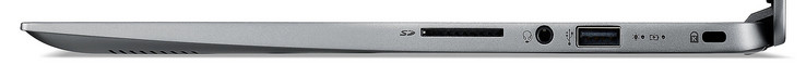Lado derecho: lector de tarjetas de almacenamiento (SD), combo de audio, USB 2.0 (Tipo A), ranura para un cable de bloqueo