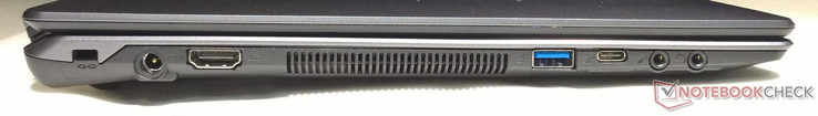 Lado izquierdo: cerradura Kensington, conexión de alimentación, HDMI, 1x USB 3.0, 1x USB 3.1 Gen 2 (Tipo-C), micrófono, auriculares