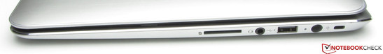 Derecha: lector de tarjetas (SD, MMC), clavija combi de audio, USB 2.0, toma de corriente, Bloqueo Kensington.