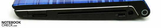 Derecha: Lector de tarjetas ExpressCard 34, unidad óptica, conector de corriente