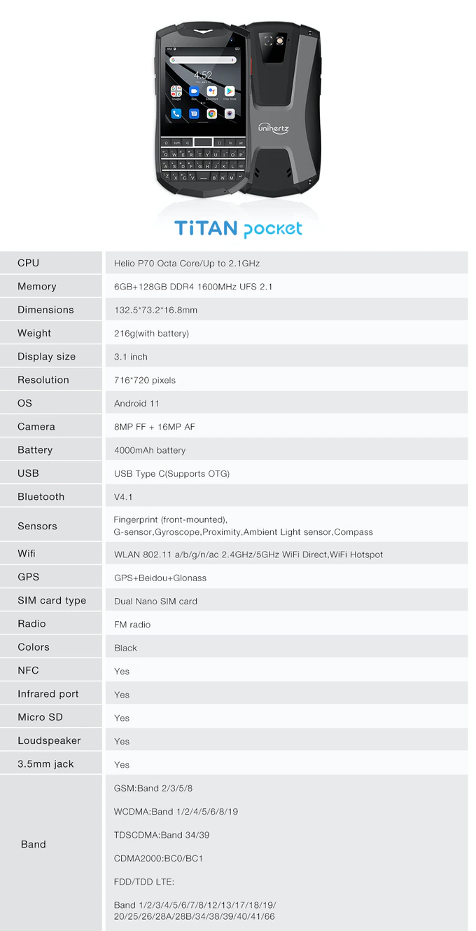 Especificaciones completas de la Titan Pocket. (Fuente: Unihertz)
