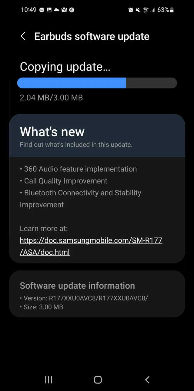 La nueva pantalla de actualización de los Galaxy Buds2. (Fuente: Samsung vía Reddit)