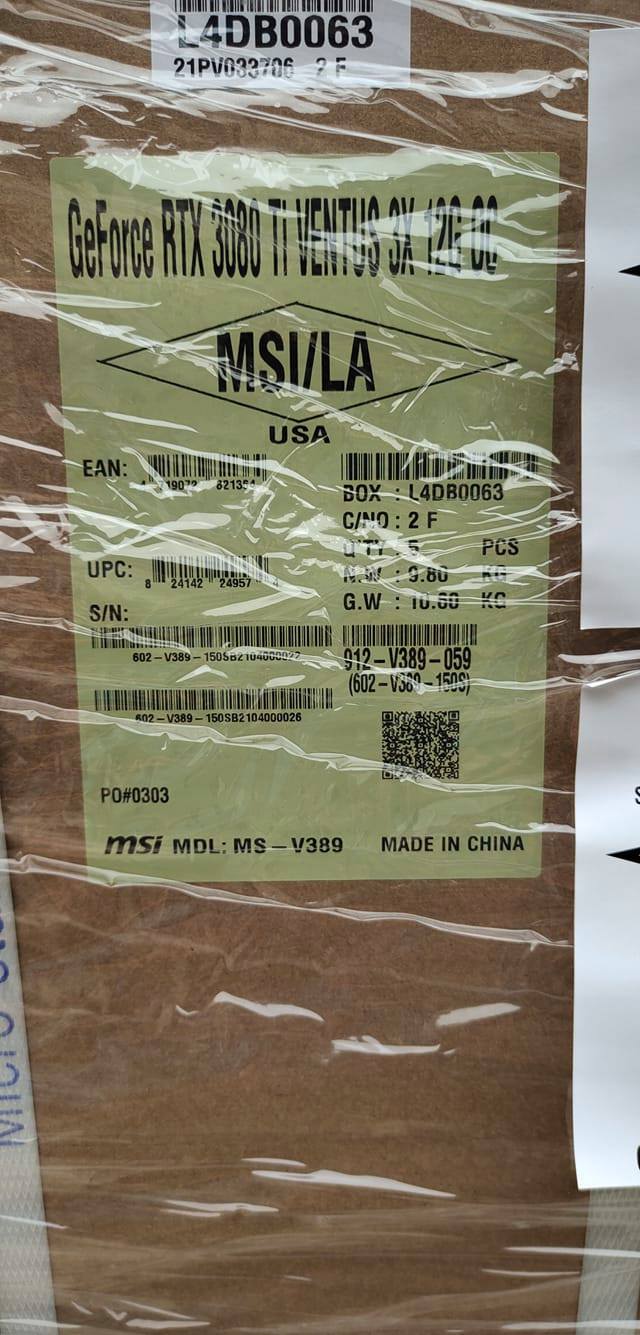 Un lote completo de tarjetas gráficas GeForce RTX 3080 Ti de camino a Estados Unidos (imagen vía Facebook)