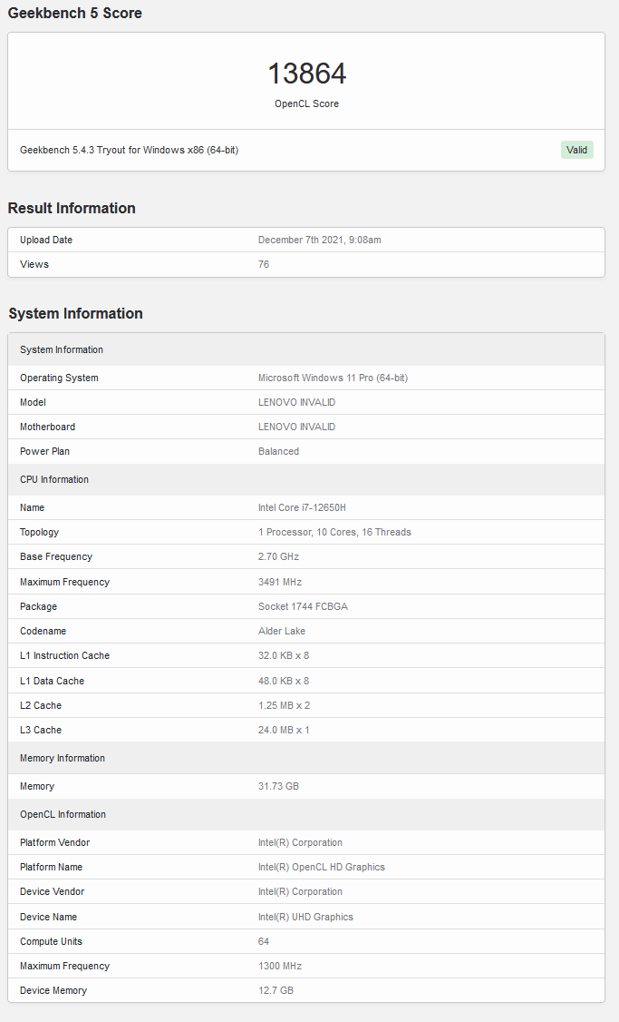 Intel Core i7-12650H en Geekbench (imagen vía Geekbench)
