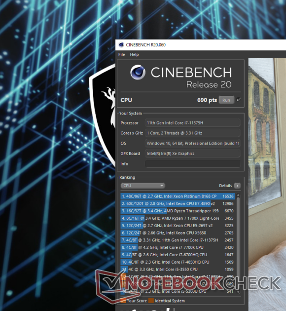 Intel Core i7-11375H Cinebench R20 de un solo núcleo.