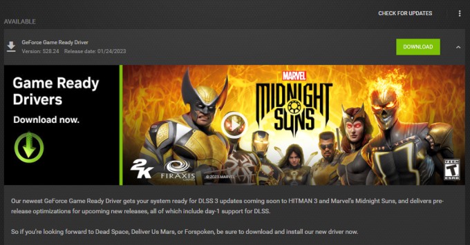 La actualizacion del controlador game ready de nvidia geforce esta disponible online