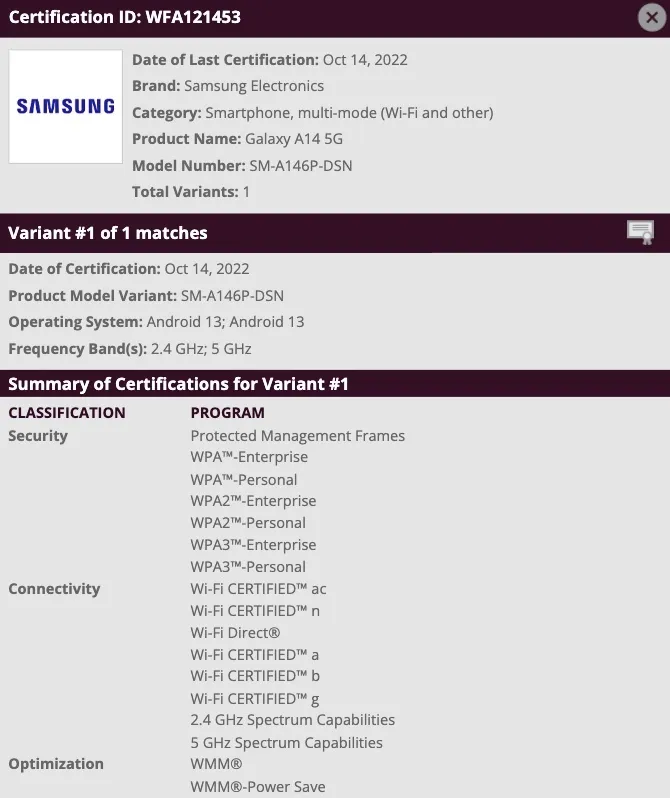 El Galaxy A14 5G se salta una serie de etapas de filtración y pasa directamente a una certificación oficial. (Fuente: Wi-Fi Alliance)