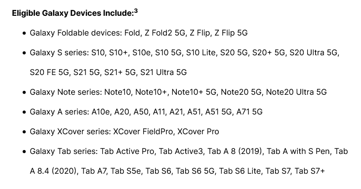 La lista de teléfonos inteligentes de Samsung que tienen derecho a cuatro años de soporte de software (imagen vía Samsung)