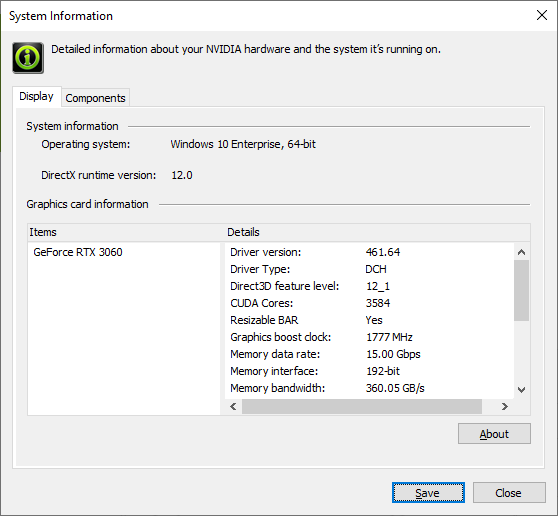 El panel de control de NVIDIA confirma si la barra redimensionable funciona o no. (Fuente de la imagen: NVIDIA)