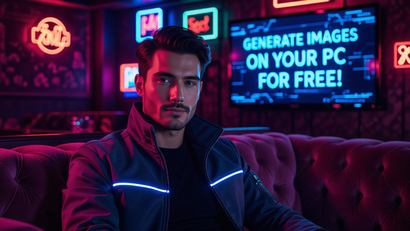 Imagen generada por IA de un hombre con una chaqueta ciberpunk iluminada con neón sentado en un sofá de un elegante club. Detrás de él se lee "GENERE IMÁGENES EN SU PC GRATIS" (Fuente de la imagen: AI Generated)