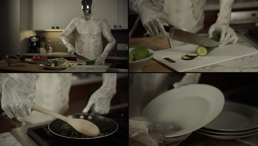 Fotogramas del segundo torso del Protoclon, con un abdomen accionado que lo diferencia de su predecesor, mostrando su potencial humano en la cocina. (Fuente de la imagen : Clone Robotics)