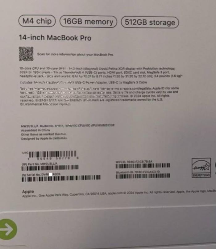 La imagen filtrada de la caja del MacBook Pro M4 indica una mayor memoria base. (Fuente de la imagen: ShrimpApplePro vía Twitter)