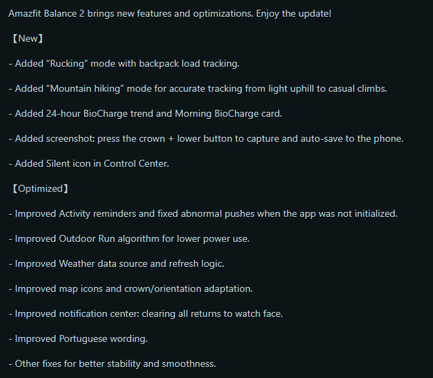 Las notas de la versión 3.35.0.5 del reloj inteligente Amazfit Balance 2. (Fuente de la imagen: captura de pantalla de un post de u/FinishDue3792 en Reddit)
