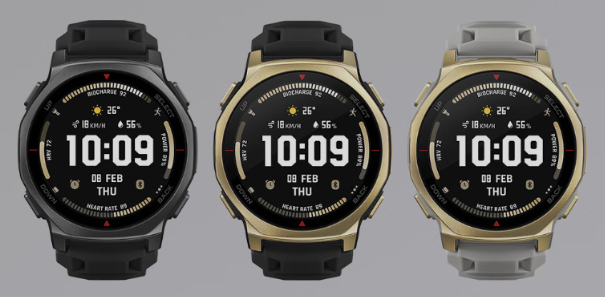 De izquierda a derecha: las versiones Onyx Black, Black Gold y Arctic Gold del smartwatch Amazfit T-Rex 3 Pro 44 mm. (Fuente de la imagen: Amazfit)