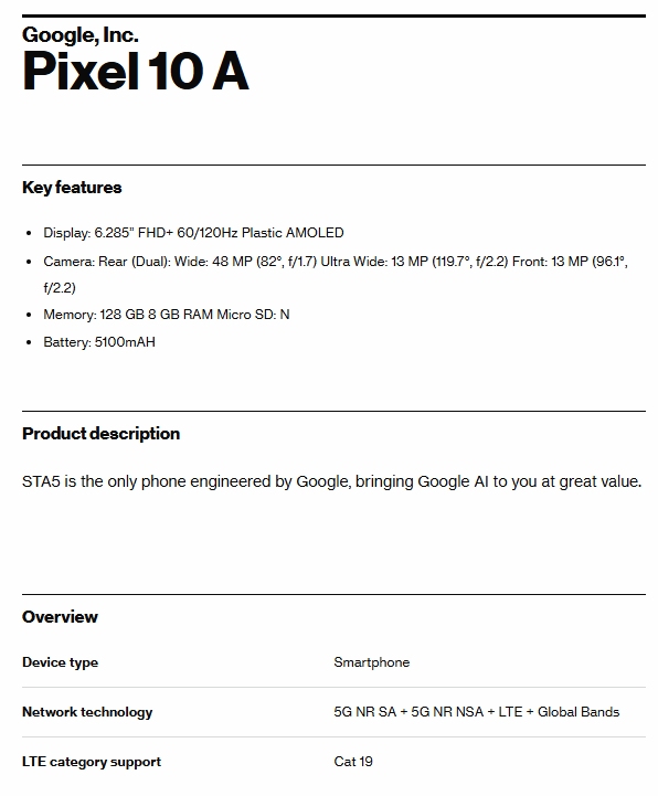 Supuesta certificación del Google Pixel 10a en Verizon (Fuente de la imagen: Evan Blass)