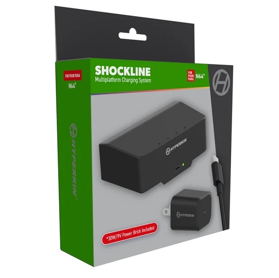 El kit ShockLine para la Nintendo 64 incluye un convertidor que se conecta al puerto de alimentación de la consola.