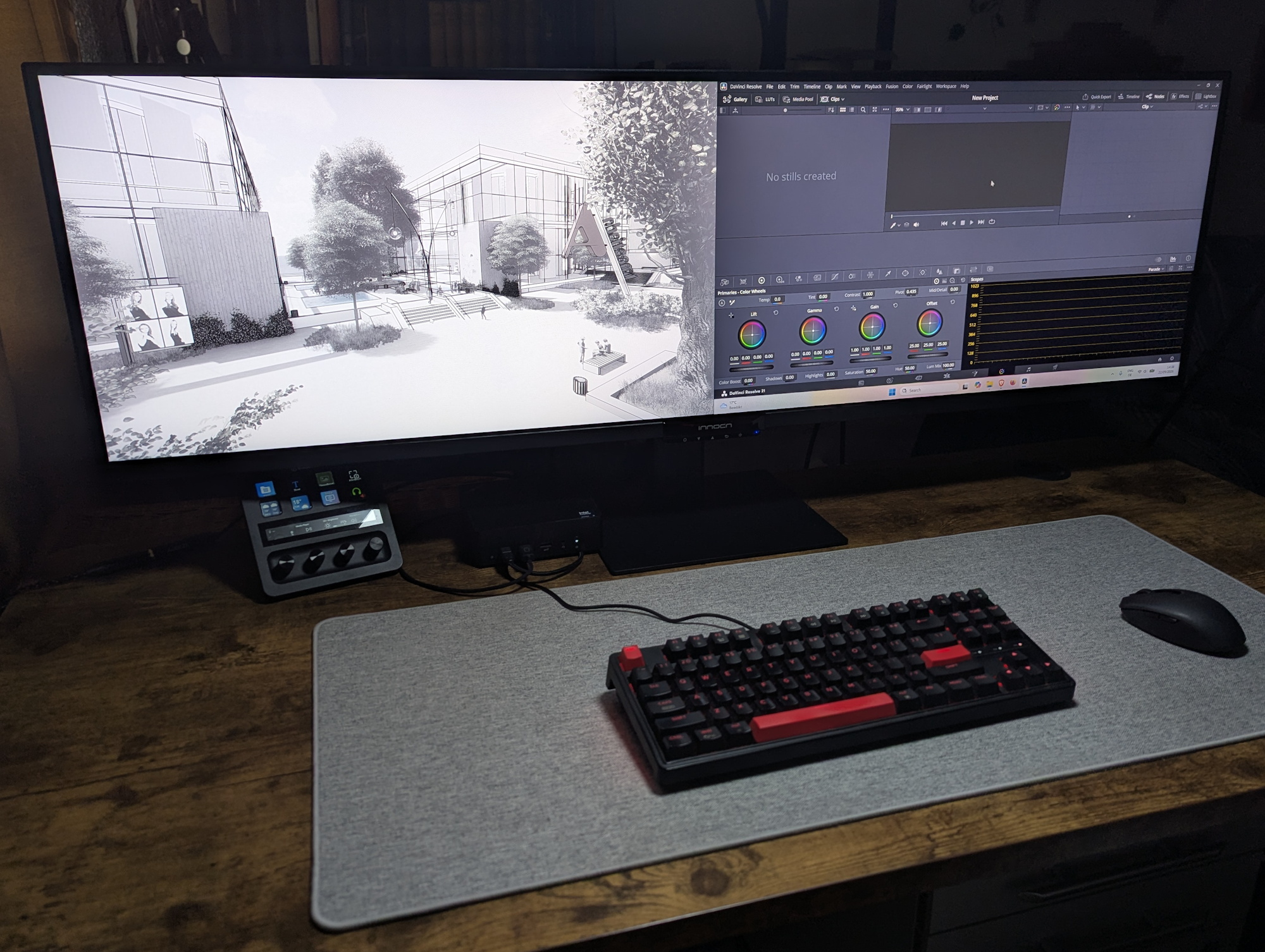 El Innocn E49M1R muestra un dibujo técnico a la izquierda y DaVinci Resolve a la derecha.