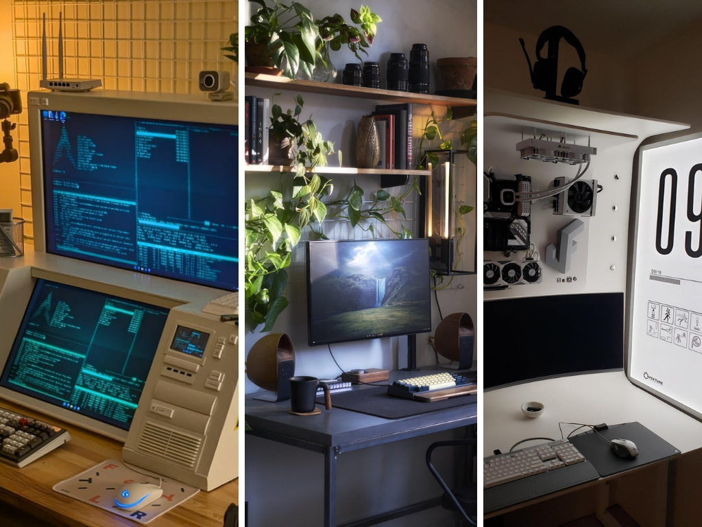En r/battlestations, puede encontrar construcciones retrofuturistas que simplemente tienen buen aspecto, así como configuraciones funcionales con gran potencia de cálculo. En la imagen, tres configuraciones diferentes del subreddit. (Fuente de la imagen: r/battlestations - Editado)